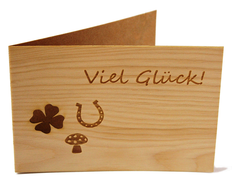 Holz Grußkarte aus Zirbenholz faltbar "Viel Glück"