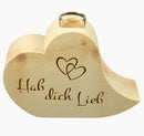 HerzVase aus Zirbenholz, Arvenholz, Zirbelkiefer, HolzVase (Pinus Cembra) mit Glaseinsatz mit der Lasergravur: "Hab dich lieb." 