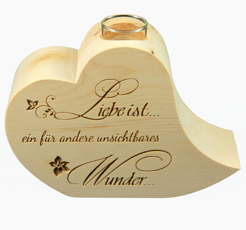 ZirbenHerz aus Holz, Arvenholz, Zirbelkiefer mit eingravierten Spruch: "Liebe ist ein für Andere unsichtbares Wunder..."