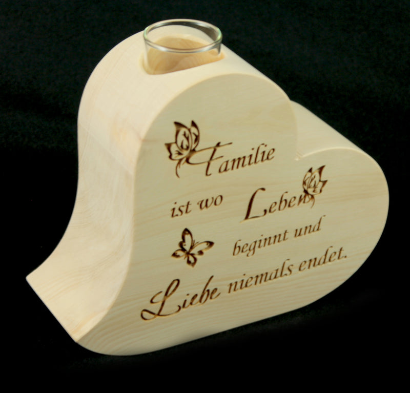 Zirbenherz Vase ".. wo Liebe niemals endet"