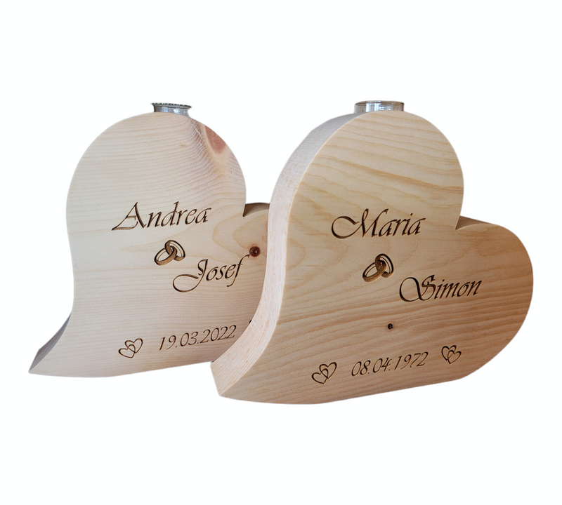 Zirbenherz Vase Wunschgravur Hochzeit