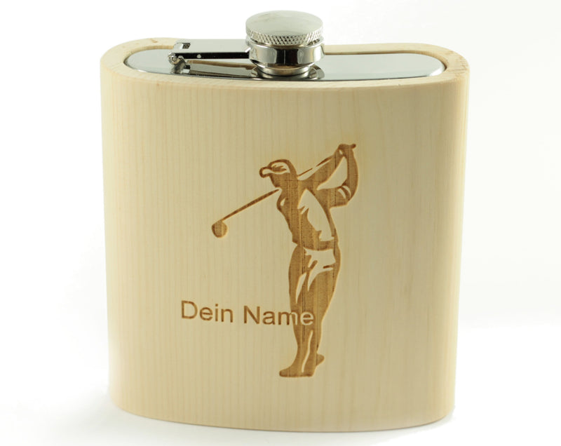 Holzflachmann aus Zirbenholz Golfer