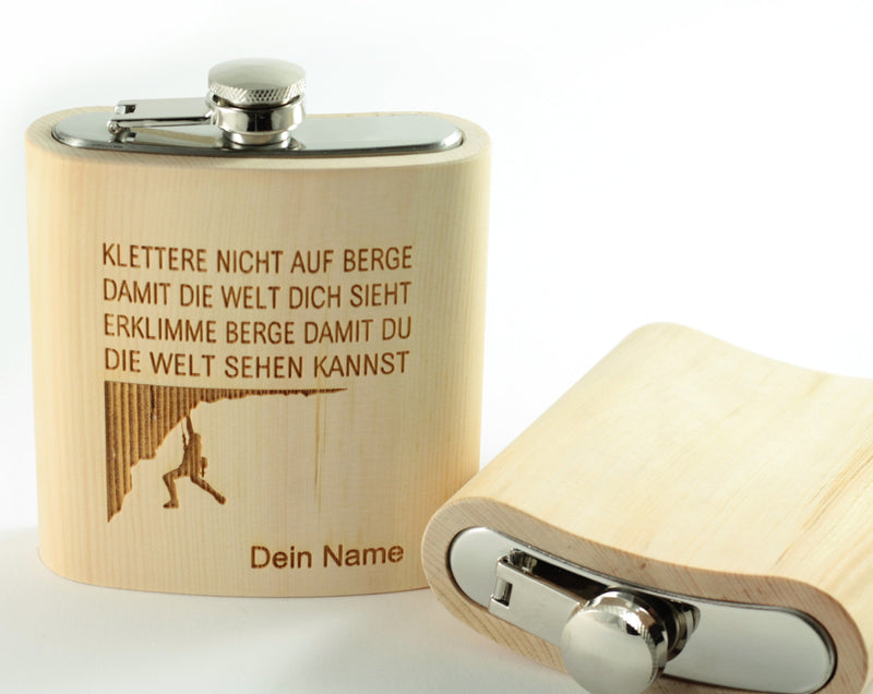 Holz-Flachmann aus Zirbenholz mit Kletterer