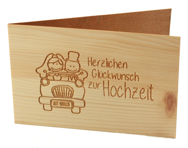 Holz Grußkarte aus Zirbenholz faltbar "zur Hochzeit"