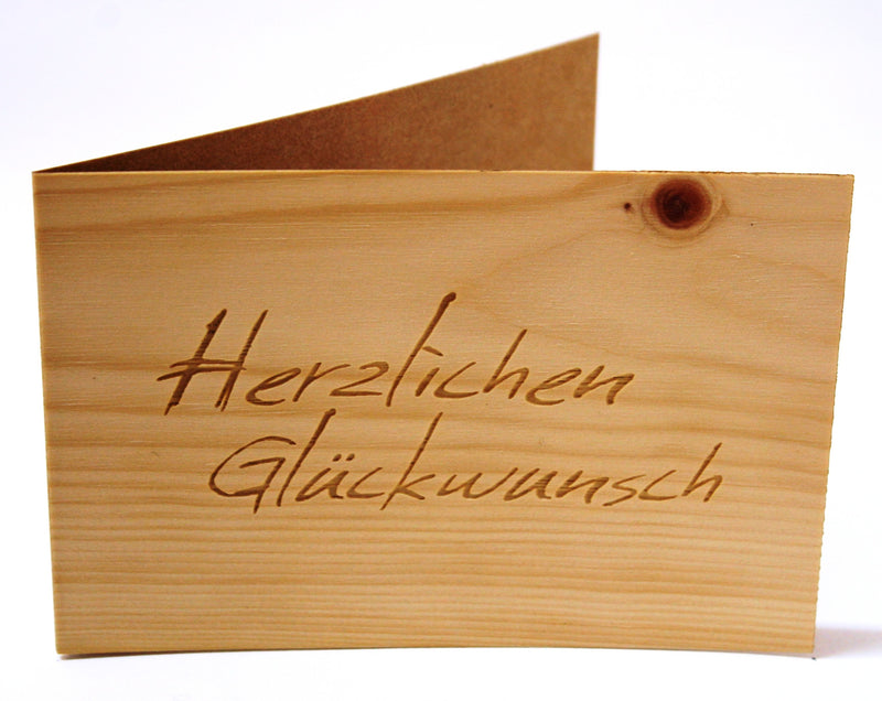 Holz Grußkarte aus Zirbenholz faltbar "Herzlichen Glückwunsch"
